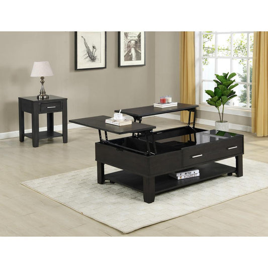 Bruno 2 Piece Ash Gray Wooden Lift Top Coffee and End Table Set with Tempered Glass Top and Drawer