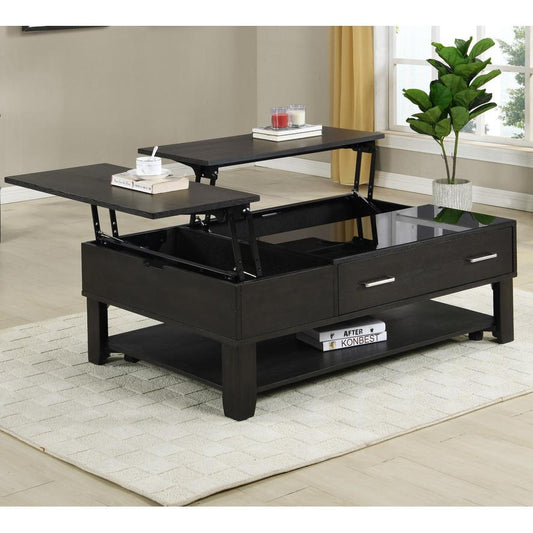 Bruno Ash Gray Wooden Lift Top Coffee Table with Tempered Glass Top and Drawer