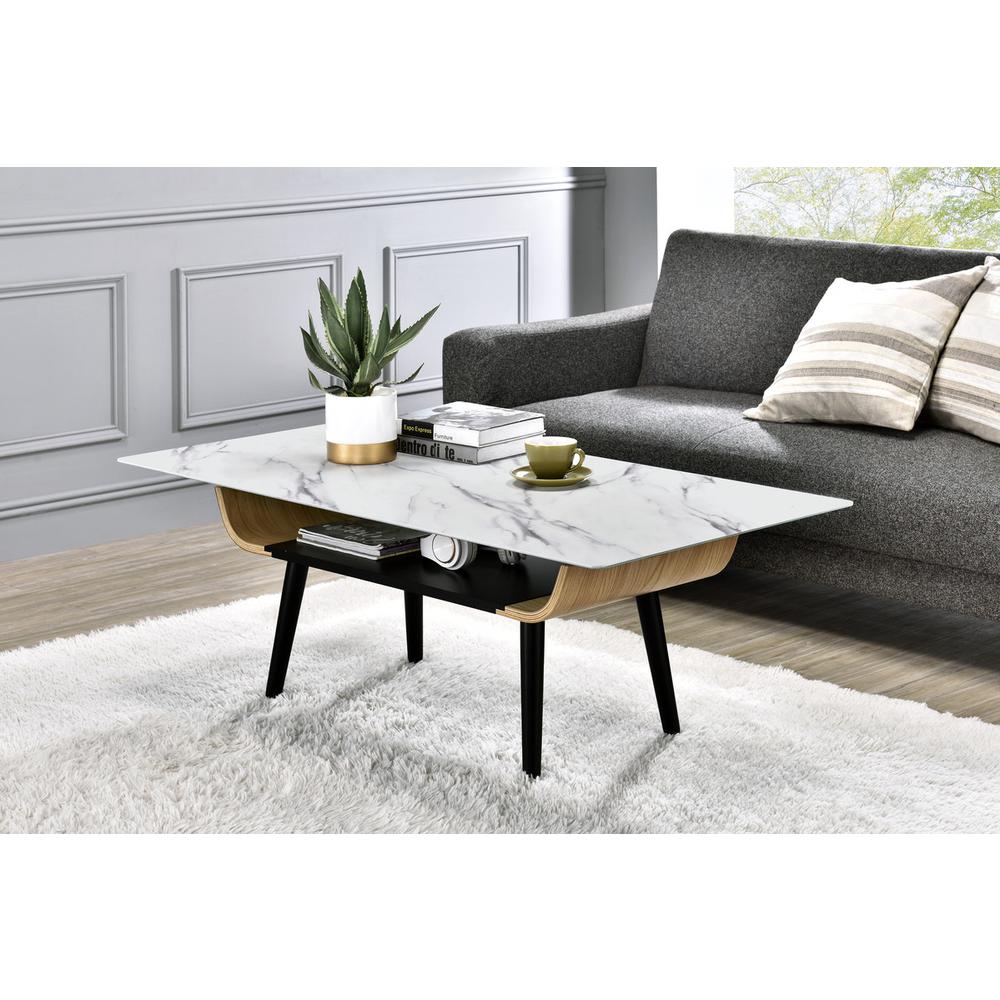 Landon Coffee Table with Glass White Marble Texture Top and Bent Wood Design