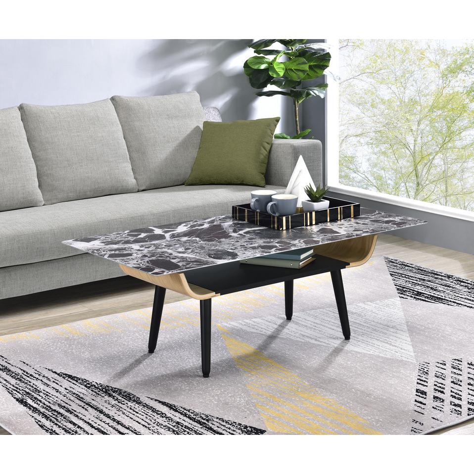 Landon Coffee Table with Glass Black Marble Texture Top and Bent Wood Design