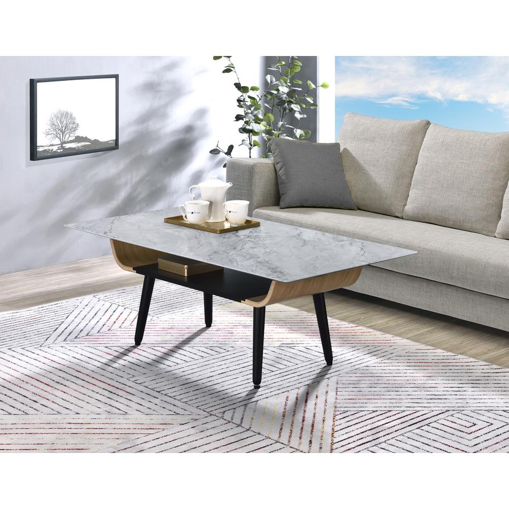 Landon Coffee Table with Glass Gray Marble Texture Top and Bent Wood Design