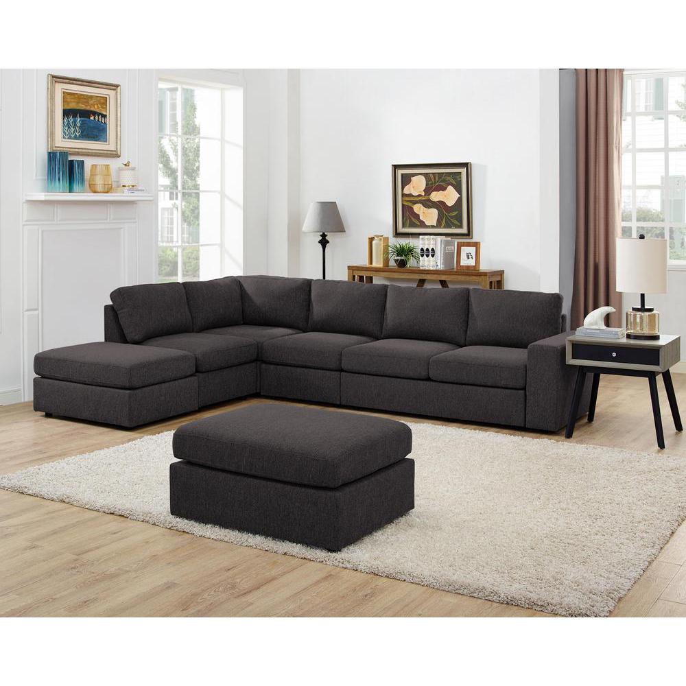 LILOLA Cassia Modular Sectional Sofa with Ottoman in Dark Gray Linen