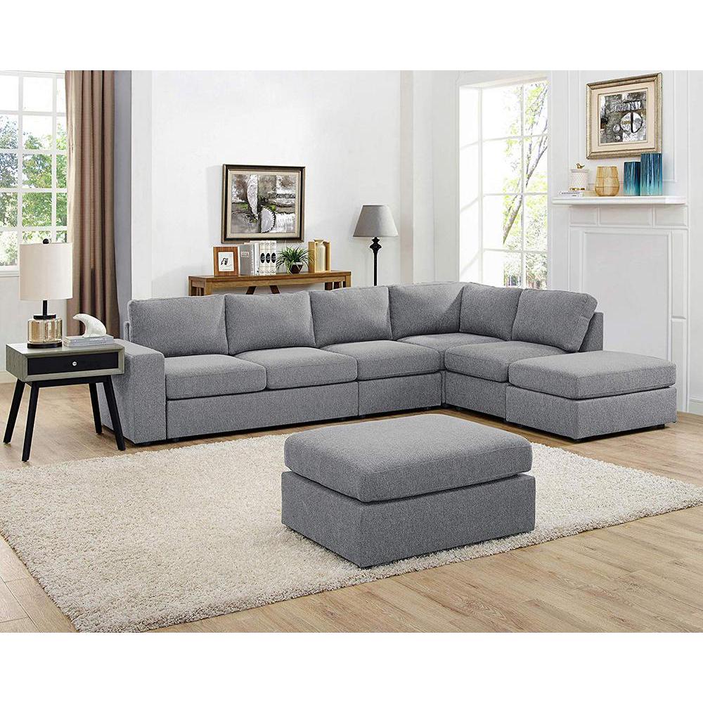 Cassia Light Gray Linen 7 Seat Reversible Modular Sectional Sofa with Ottoman