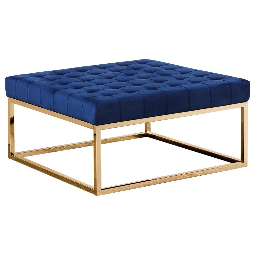 Best Master Velvet Upholstery Square Ottoman Coffee Table Navy Blue/Gold Base