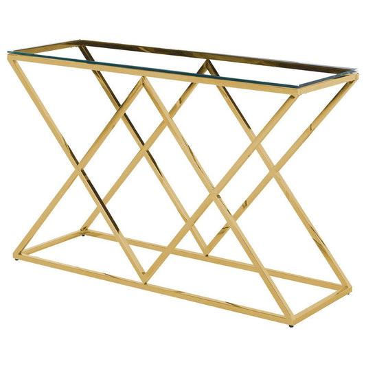 Best Master Mishie Angled Stainless Steel Clear Glass Console Table in Gold