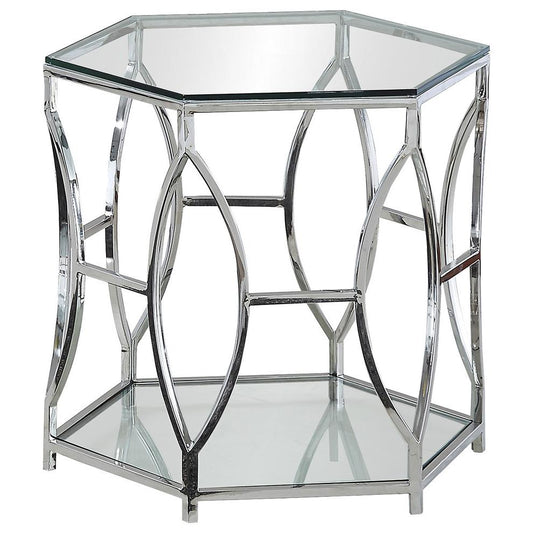 Best Master Furniture Brooke Hexagonal Glass and Steel Frame End Table in Silver