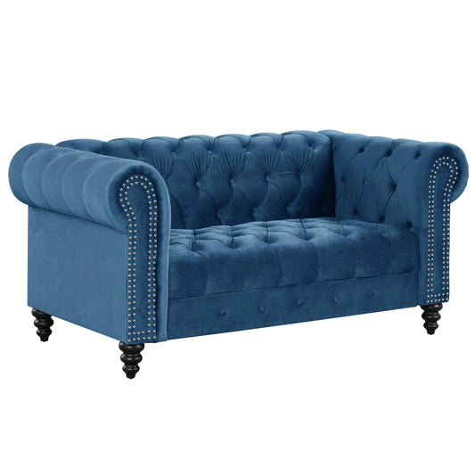 Flotilla Round Arm Velvet Chesterfield Straight Loveseat in Blue (2 Seater)