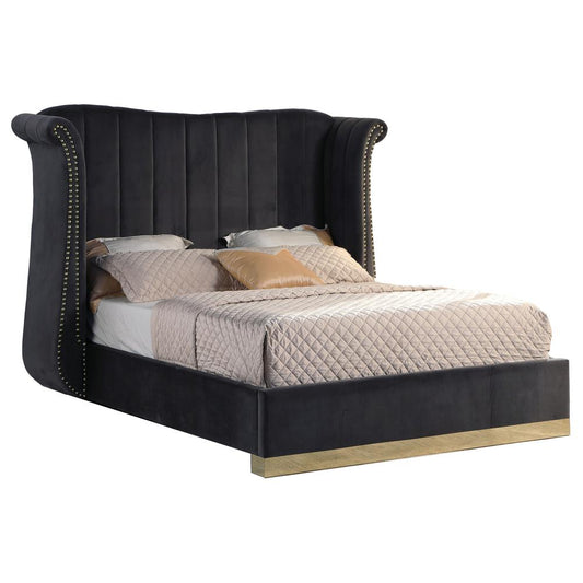 Jamie Velvet Dark Gray Eastern King Platform Bed with Gold Accents