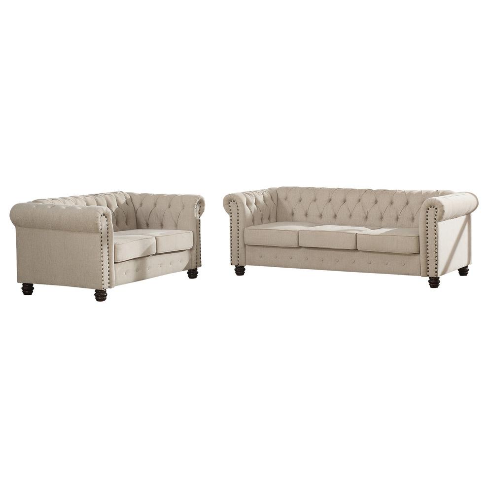 Best Master Venice 2-Pc Fabric Upholstered Sofa & Loveseat Set in Beige