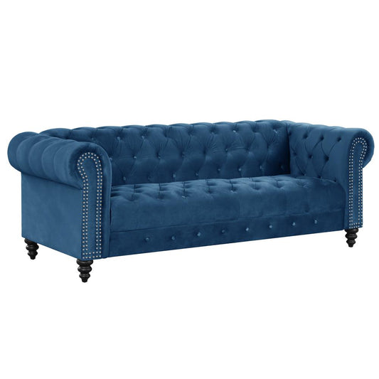 Flotilla Round Arm Velvet Chesterfield Straight Sofa in Blue (3 Seater)