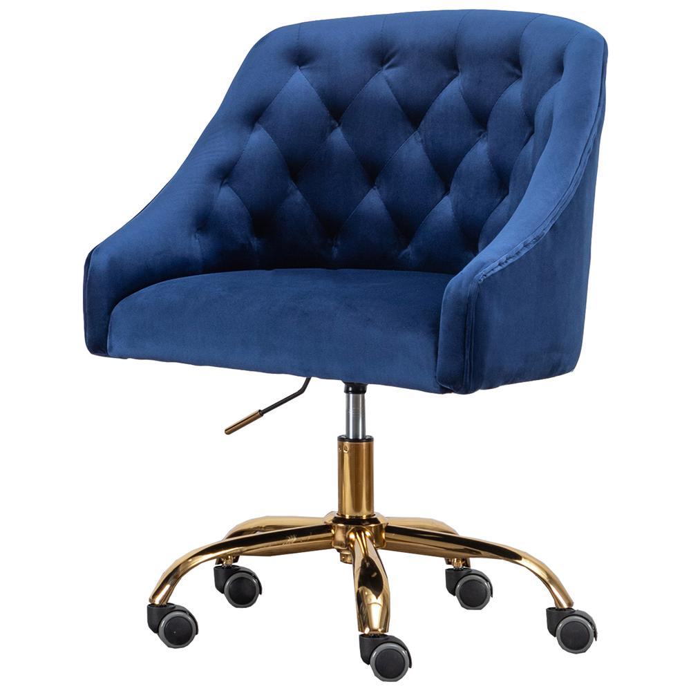 Blue Velvet Tufted Swivel Task Chair with Gold Base and Wheels