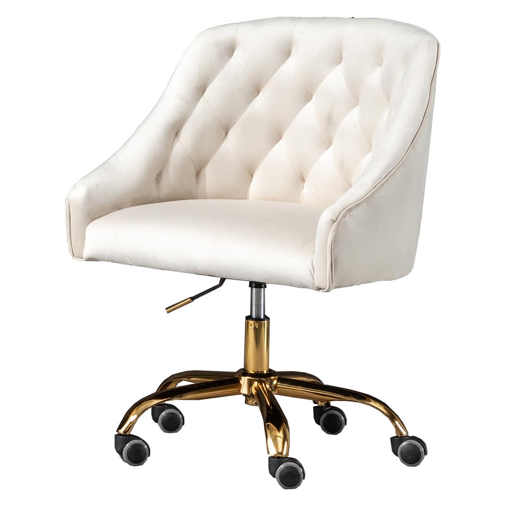 Cream Velvet Tufted Swivel Task Chair with Gold Base and Wheels