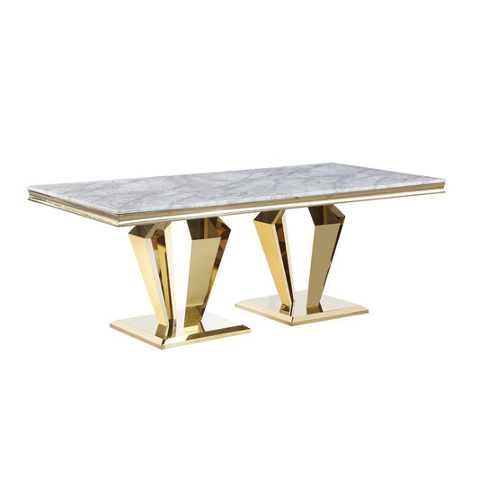 Ivane Light Grey Stone Marble Laminate Gold Rectangle Dining Table