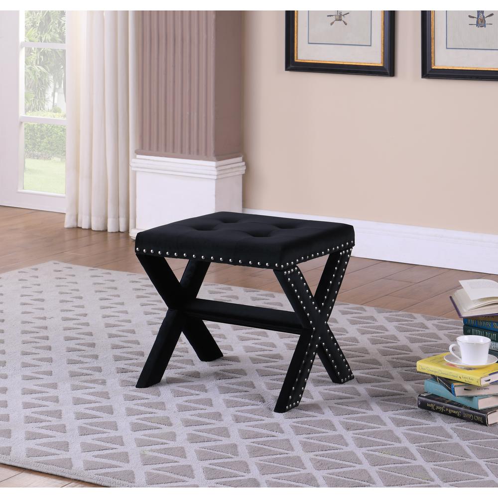 Velvet Fabric Upholstered Square Accent Bench in Black