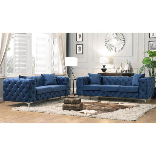 Best Master Furniture Nigel 2 Piece Transitional Velvet Sofa Set in Blue