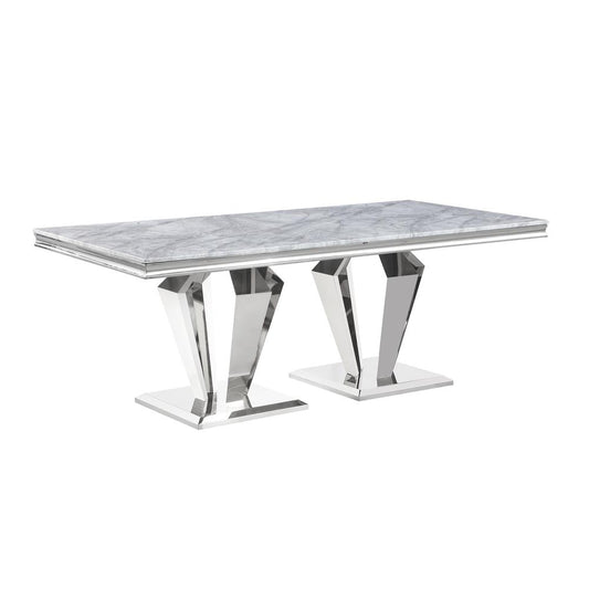 Ivane Light Grey Stone Marble Laminate Silver Rectangle Dining Table