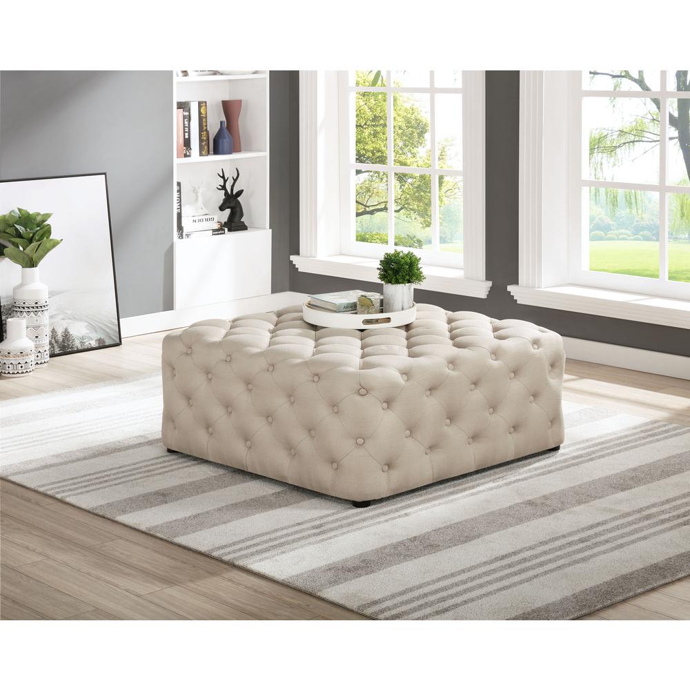 Best Master Furniture Kelly Square Transitional Linen Fabric Ottoman in Beige