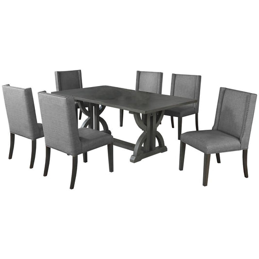 Mia 7-piece Gray Wood Rectangular Dining Set with Nailhead Trim