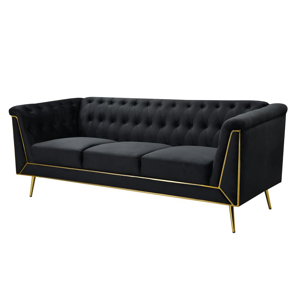 Ninian Black Velvet with Gold Accent Sofa