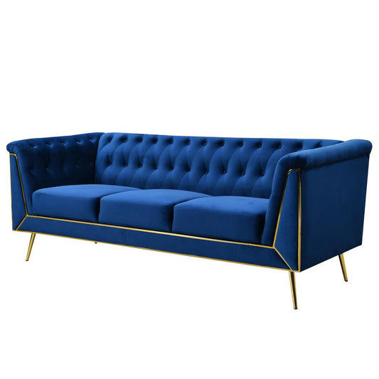 Ninian Blue Velvet with Gold Accent Sofa