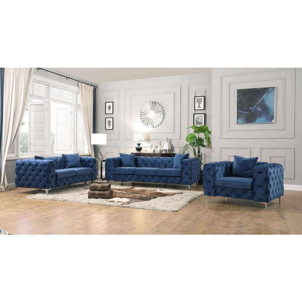 Best Master Furniture Nigel 3 Piece Transitional Velvet Sofa Set in Blue