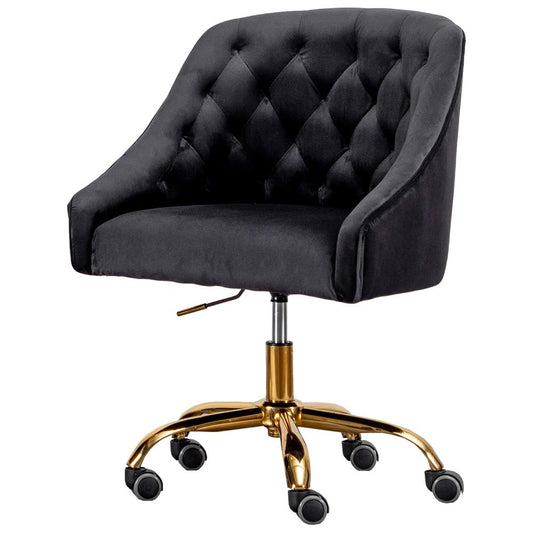 Black Velvet Tufted Swivel Task Chair with Gold Base and Wheels