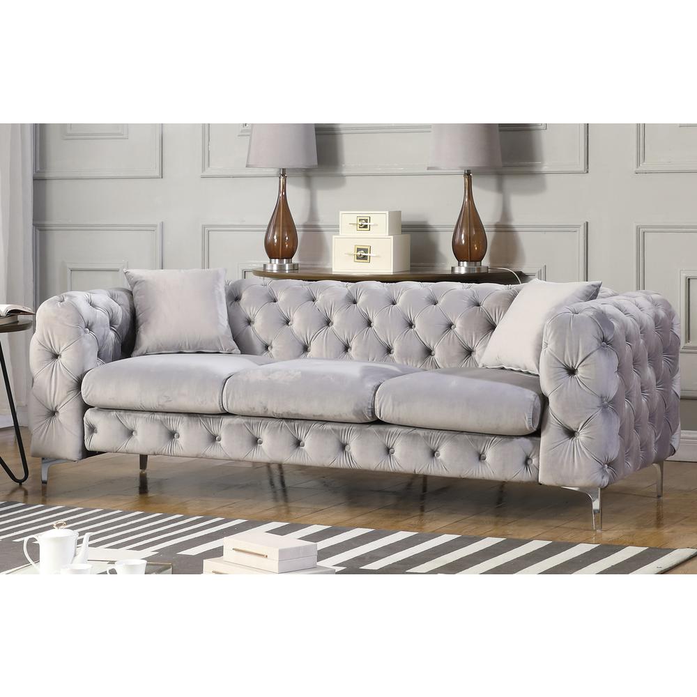 Best Master Furniture Nigel 84" Transitional Velvet Fabric Sofa in Gray