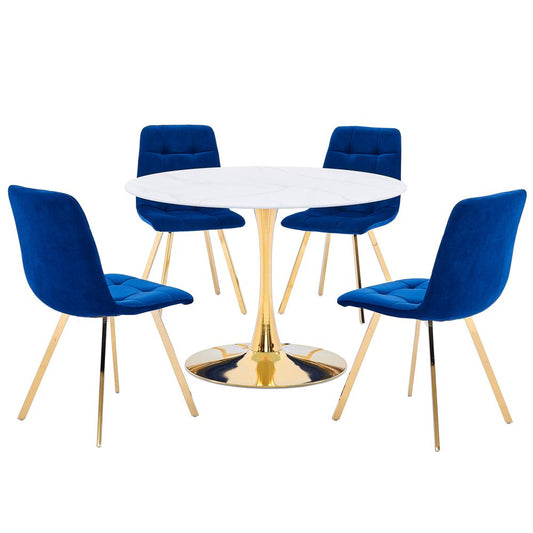 Huey 5-piece Blue Modern Dining Set in Gold