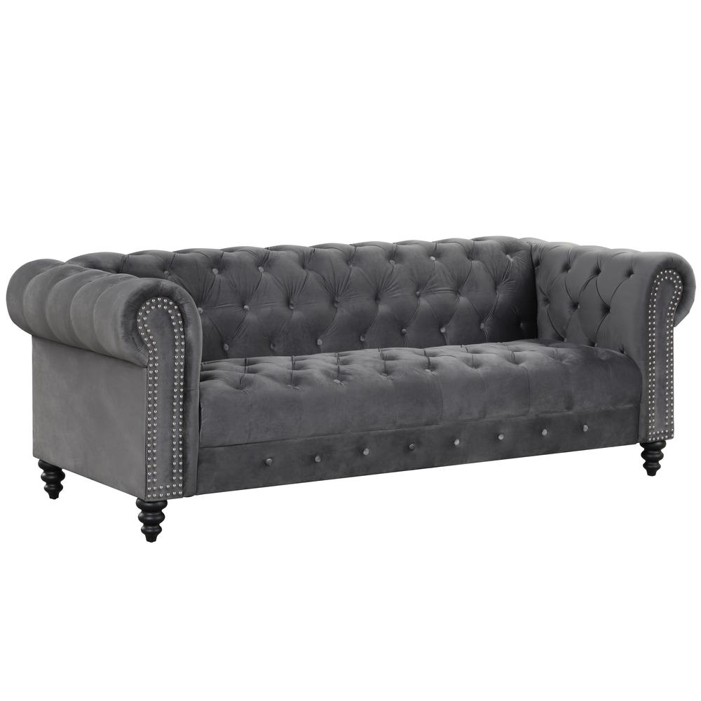 Flotilla Round Arm Velvet Chesterfield Straight Sofa in Gray (3 Seater)