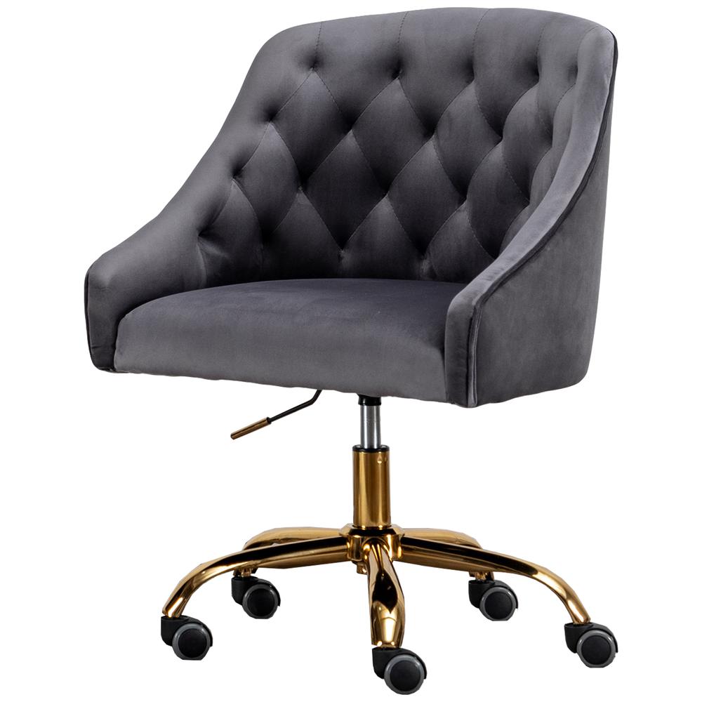 Dark Gray Velvet Tufted Swivel Task Chair with Gold Base and Wheels