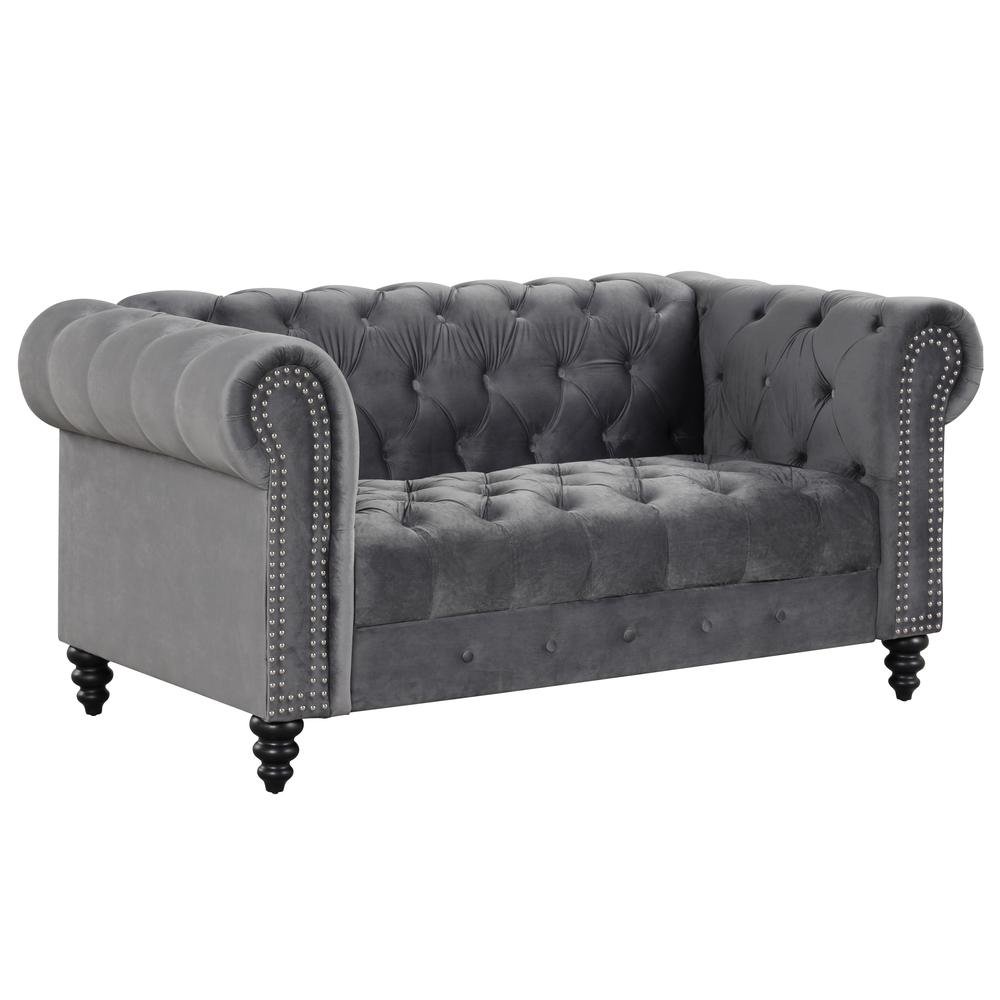 Flotilla Round Arm Velvet Chesterfield Straight Loveseats in Gray (2 Seater)