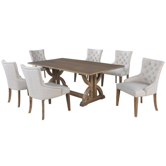 Zoey 7-Piece Rustic Oak Rectangular Dining Set in Beige