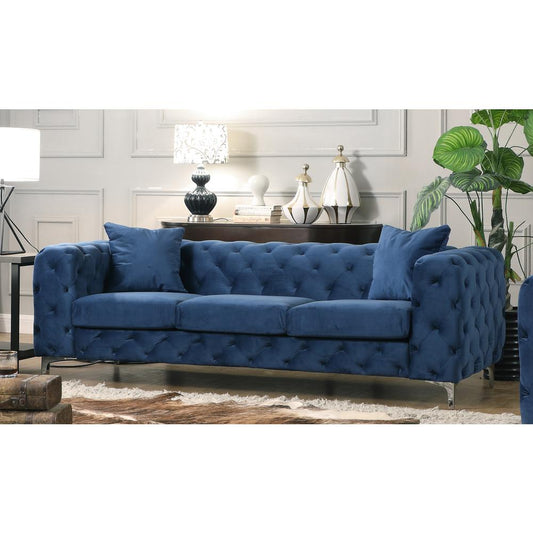 Best Master Furniture Nigel 84" Transitional Velvet Fabric Sofa in Blue