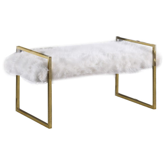 Jamie White Faux Fur Accent Bench with Gold Frame