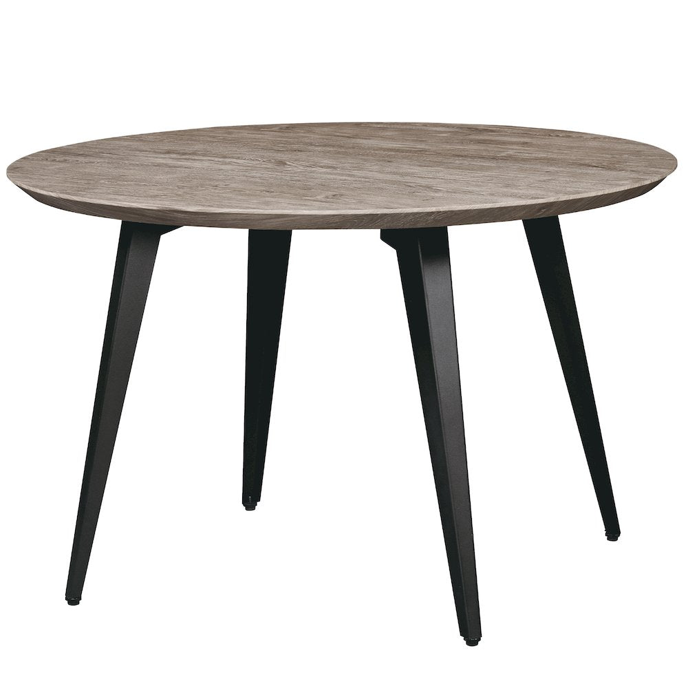 LeisureMod Ravenna Modern Round Wood 47" Dining Table With Metal Legs Weathered Oak