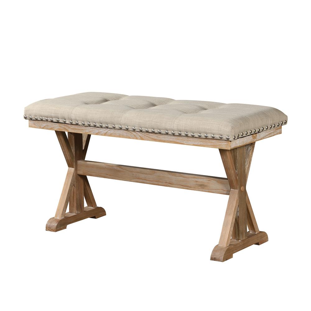 Classic Beige Linen Tufted and Nailhead Counter Height Bench Rustic Finish