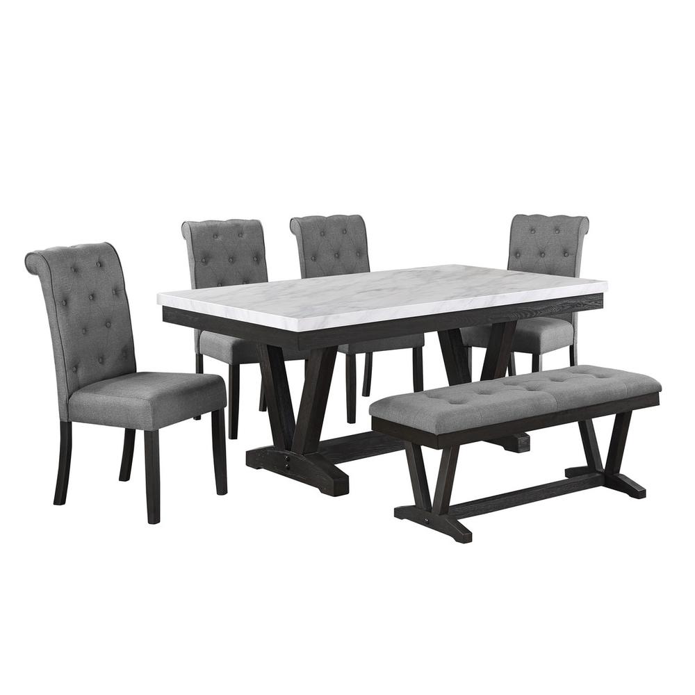 6 pc Dining set Faux Marble Wrap Table set with Beige Linen Chairs and one bench