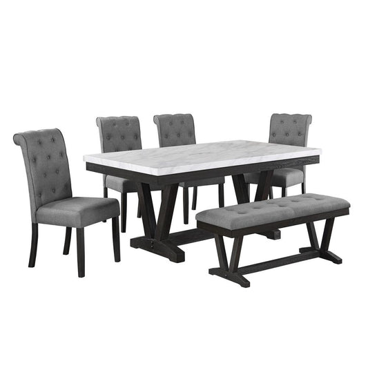 6 pc Dining set Faux Marble Wrap Table set with Beige Linen Chairs and one bench