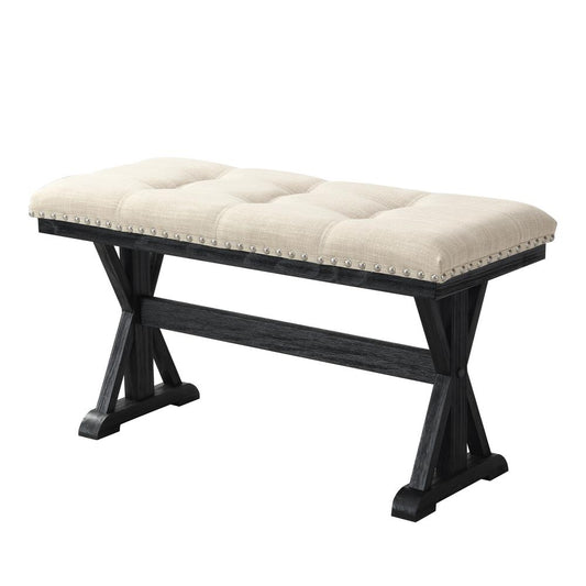 Beige Linen Tufted and Nailhead Counter Height Bench