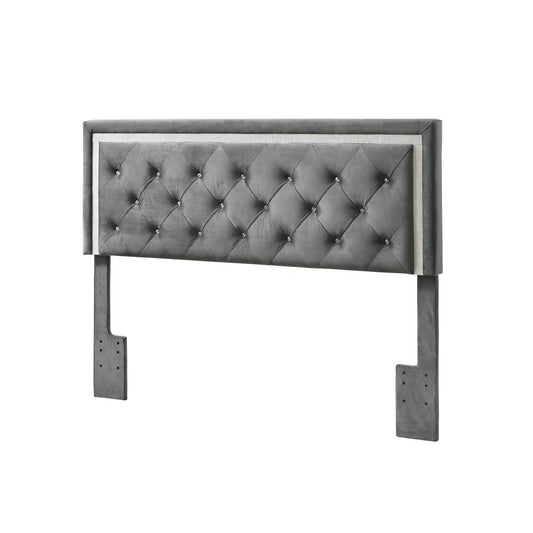 Queen/Full Headboard Panel Dark Grey Velvet Upholstered Tufted Accents