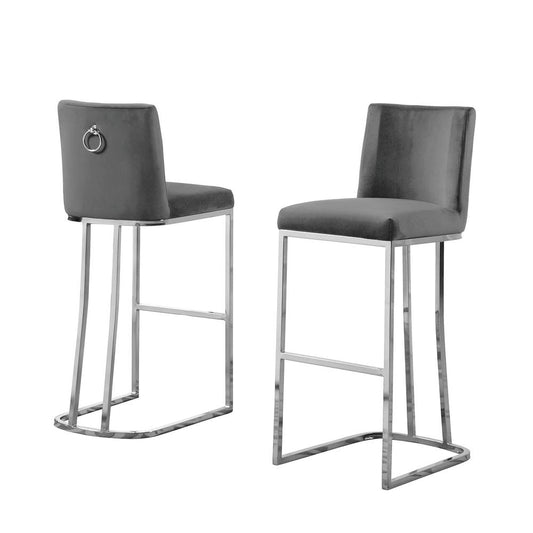 29" Velvet Barstool, Dark Grey, Chrome Base (Set of 2)