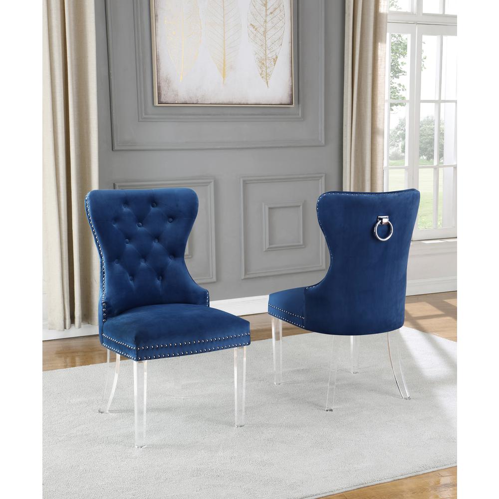 Navy Blue Velvet Tufted Dining Side Chairs, Acrylic Legs - Set of 2