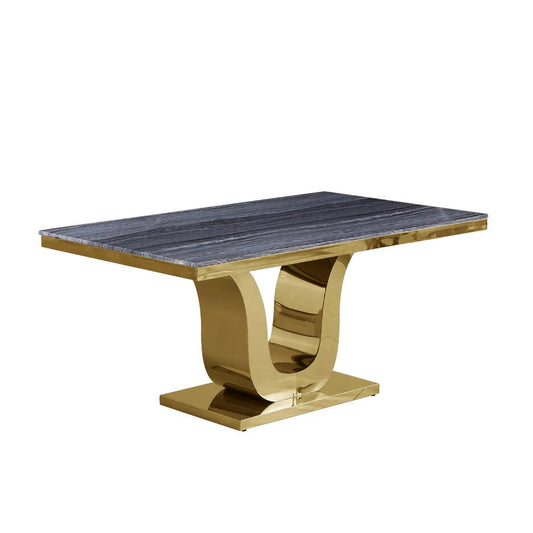 78"L Dark Grey Marble Dining Table Stainless Steel Gold Base