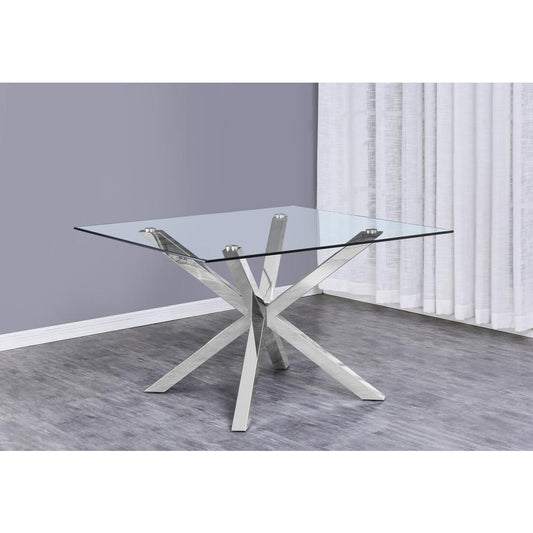 Classic Glass Top Dining Table with Silver Stainless Steel Base. Silver