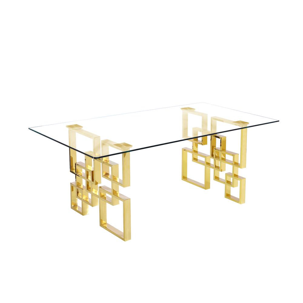 Classic 79" Tempered Glass Dining Table Gold Stainless Steel Double Base