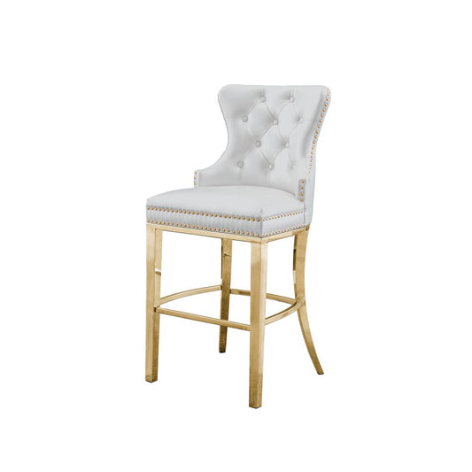 29" Uph Tufted Bar Stool Dining, White Faux Leather, Stainless Steel Gold - Single