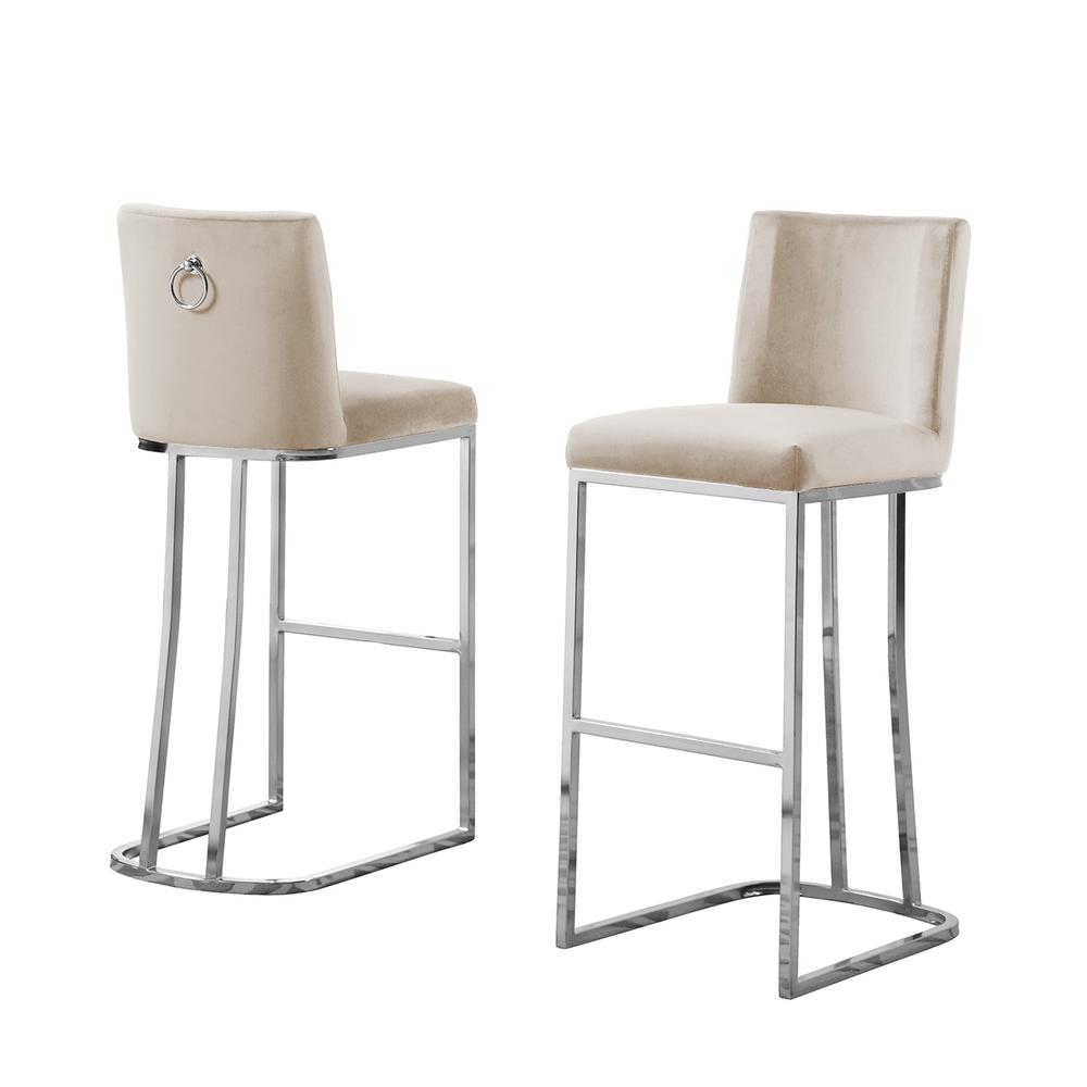 29" Velvet Barstool, Beige, Chrome Base (Set of 2)