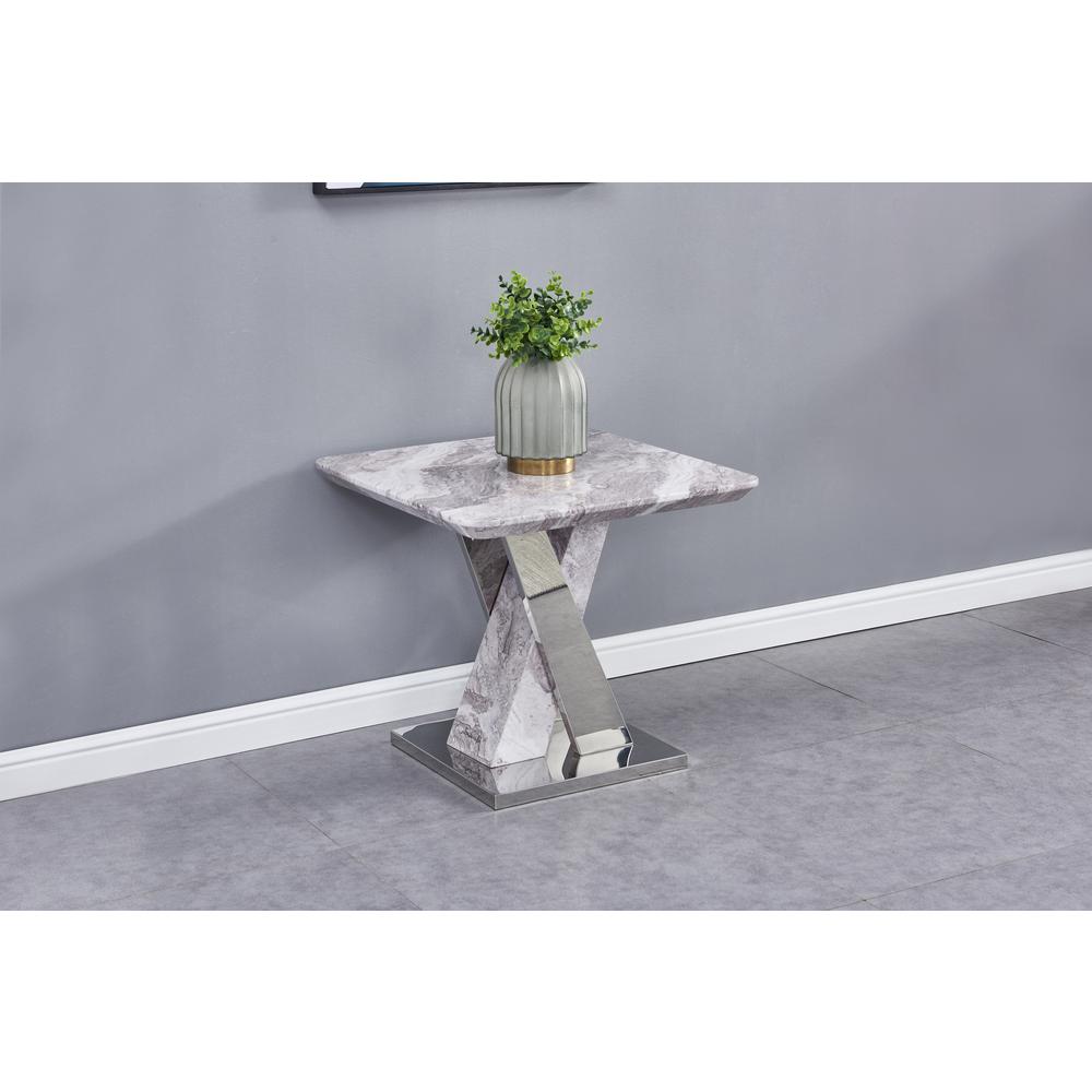 White Faux Marble End Table w/Stainless Steel X-Base