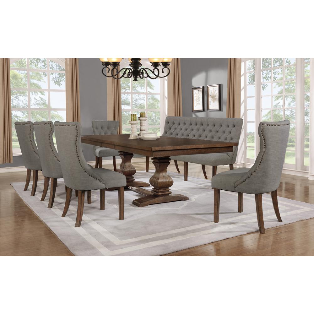 7 piece set Walnut Wood Dining Set with Gray linen fabric chairs and bench