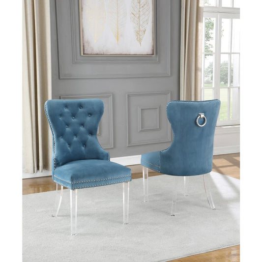 Teal Velvet Tufted Dining Side Chairs, Acrylic Legs - Set of 2